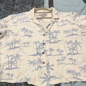 SUNSET Cove Women’s Blue and Cream Palm Shirt, size 2X